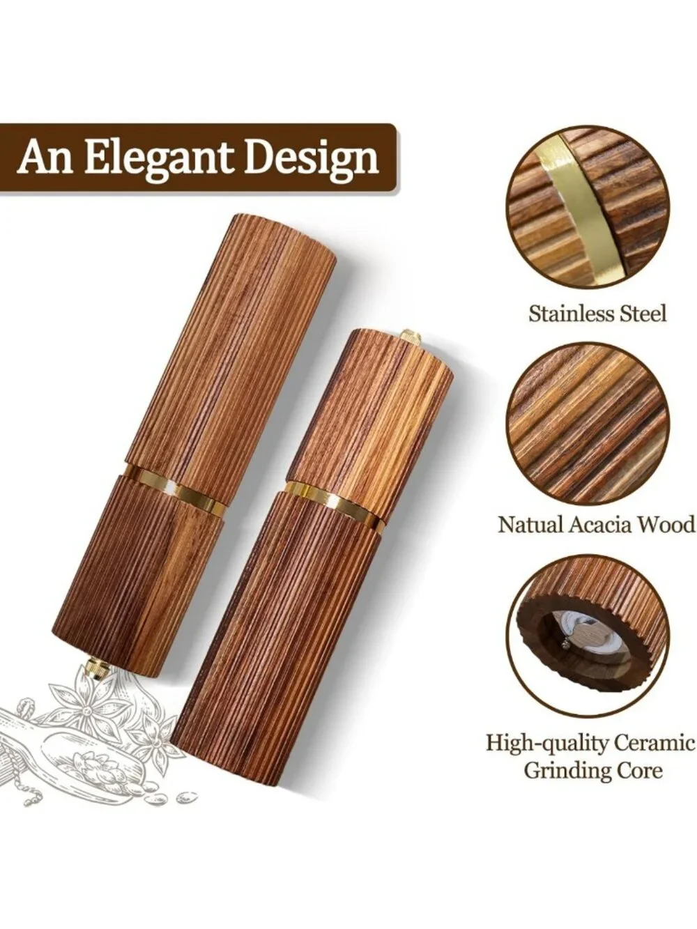2 Pack Acacia Wood Salt & Pepper Grinder Set - Stylish 8-Inch Mills for Kitchen